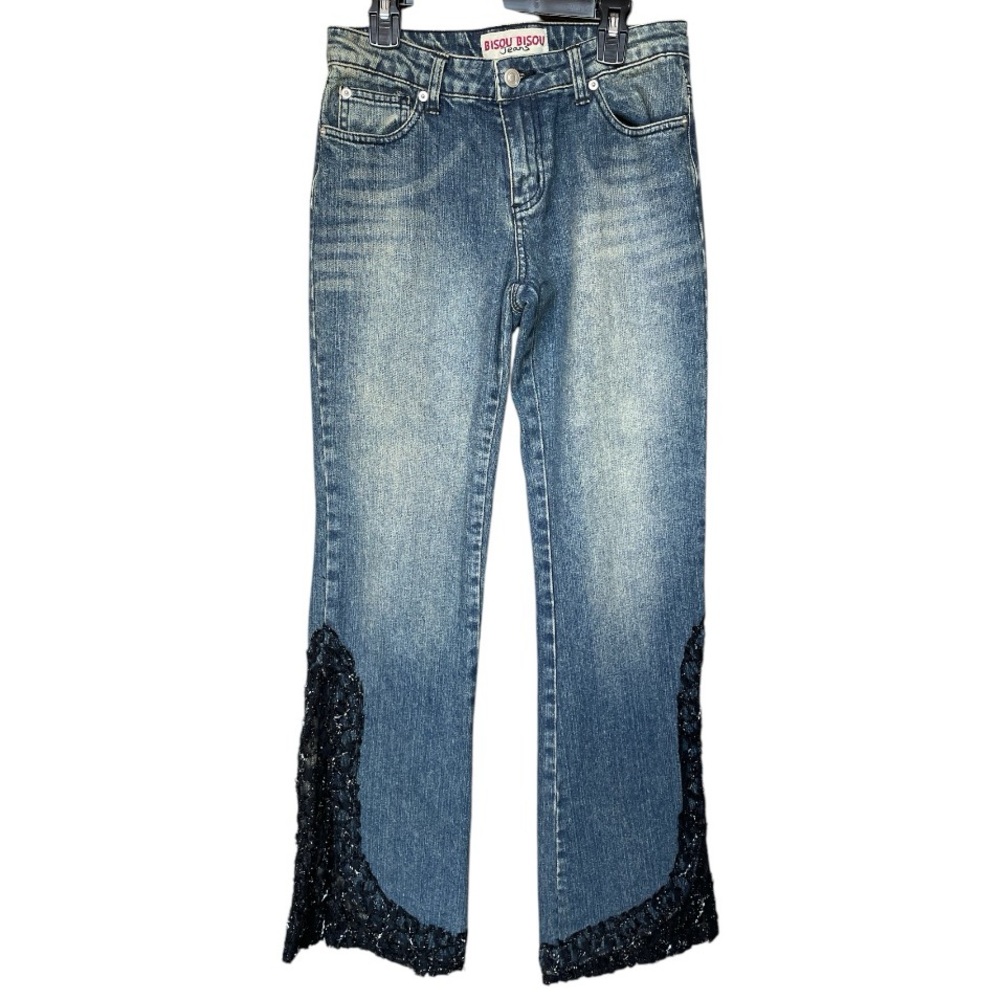 Vintage Women's Blue Denim Flare Jeans with Black Lace Trim